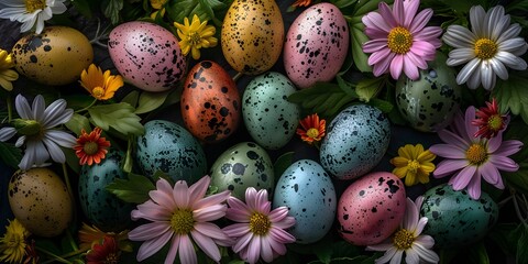 Obraz premium Spring's colorful celebration in eggs and flowers.