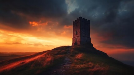 A stone tower stands on a grassy hilltop, bathed in the warm glow of a sunset. A path leads up the hill, inviting exploration. The sky is a canvas of vibrant orange and deep purple hues.