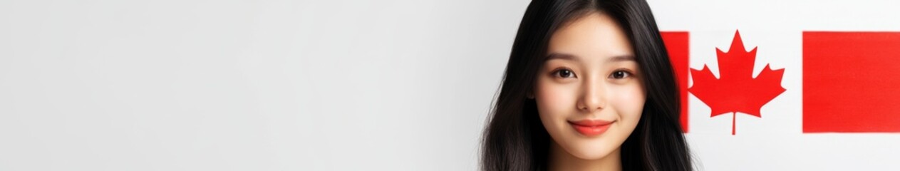 Joyful Asian Youth: A Cheerful Young Asian Woman Holding a Canadian Flag on a White Background, Embracing Multiculturalism and Diversity July 1st Canada Day