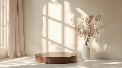Fototapeta premium Minimalist Brown Podium with Soft Ambient Light on White Background for Presentations