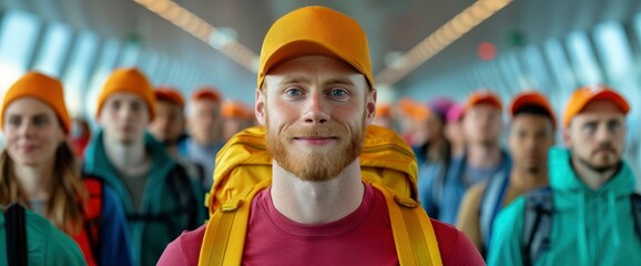 Obraz premium Happy Conversations At The Airport, With Travelers In Colorful Outfits