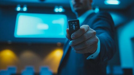 Businessman Presenting with Remote Control on Stage