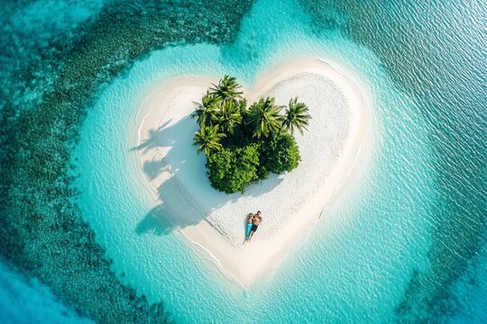 Romantic aerial view  couple on heart shaped motu beach surrounded by palm trees and azure ocean