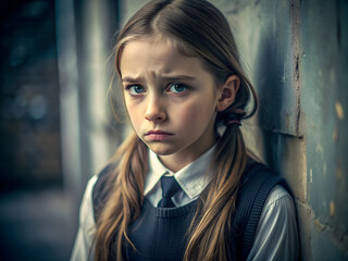 Fototapeta premium Portrait serious calm sad upset Caucasian schoolgirl pupil teenager teen teenage generation in school corridor in university college hall education study looking at camera