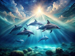 Marine Mirage: Dreamy, surreal underwater scenes with dolphins swimming through ethereal light.