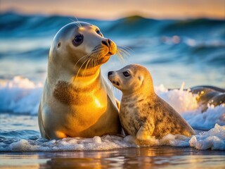 Naklejka premium Maternal Seal Embrace: Tender bond between mother seal and pup, gentle ocean waves, warm tones, nurturing embrace.
