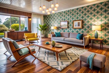 Fototapeta premium Mid-Century Modern Charm: Geometric patterns, clean lines, retro colors, vintage elegance.