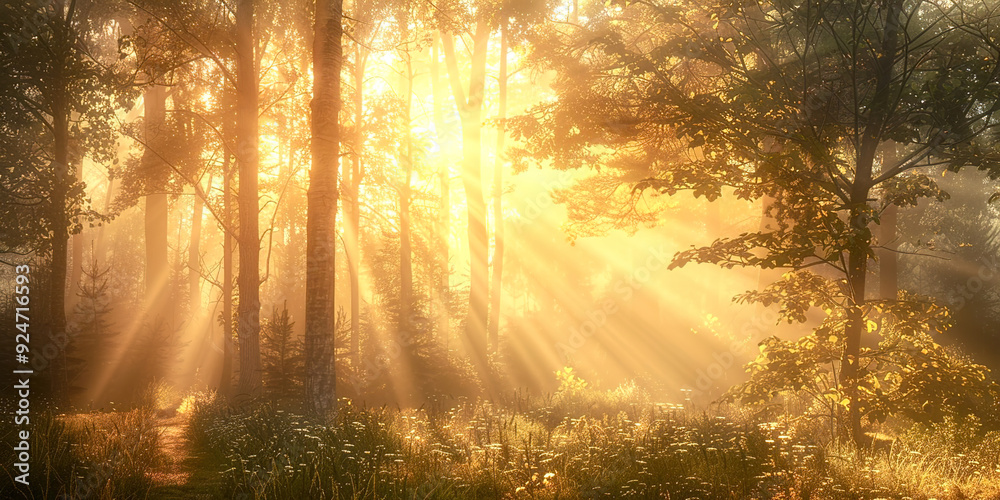 Aufkleber Fog in the forest with rays of light