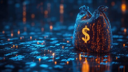 Moneybag with a Dollar Icon and Binary Code in Digital Finance Concept