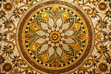 Mosaic Majesty: Fragments of gold and marble assembled into intricate patterns, regal, opulent, mosaic, historical, Mediterranean