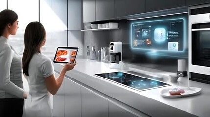 SHOTLISTtech: A modern kitchen where a couple uses a touch-screen panel to manage home settings, with smart appliances and sleek design elements around