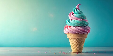 Pastel Paradise Cone: Soft pink and blue pastels, delicate sprinkles, swirly ice cream with a hint of berry flavor, vintage aesthetic
