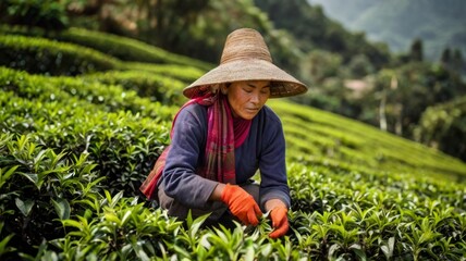 Tea picker harvesting tea leaves