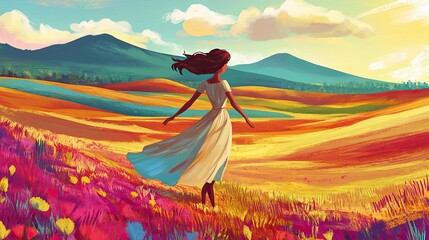 Fototapeta premium A charming cartoon woman in a dress strolls through colorful meadows with a vibrant landscape of rolling hills