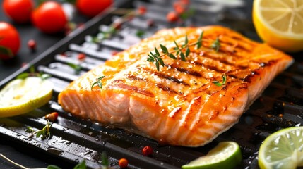 Grilled salmon fillet garnished with fresh herbs and vibrant vegetables. This image captures the essence of healthy cooking. Perfect for food blogs and culinary websites. AI