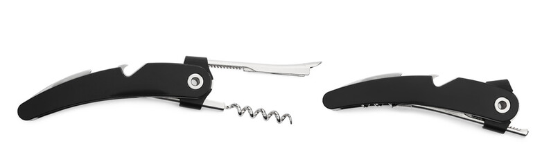 Collage with corkscrew (sommelier knife) on white background