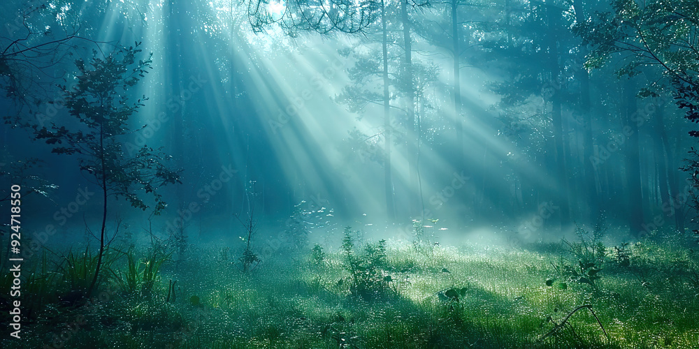 Poster Fog in the forest with rays of light
