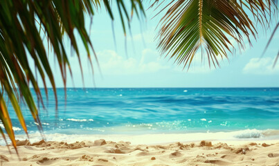 Obraz premium Tropical Beach View Through Palm Fronds