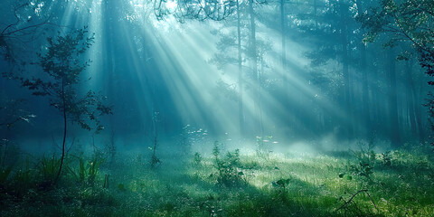 Fototapeta premium Fog in the forest with rays of light