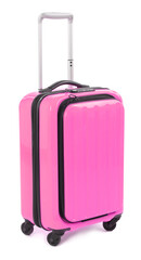 One closed pink suitcase isolated on white