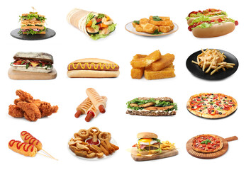 Collage with different tasty fast food on white background