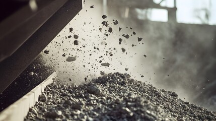 Cement Clinker Cascading from Conveyor Into Storage Area with Swirling Dust