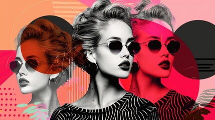 Retro pop art inspired portrait of woman with sunglasses image. Bold geometric shapes and vivid...