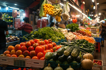 Customers are browsing fresh organic produce being sold at a farmers market in barcelona, spain