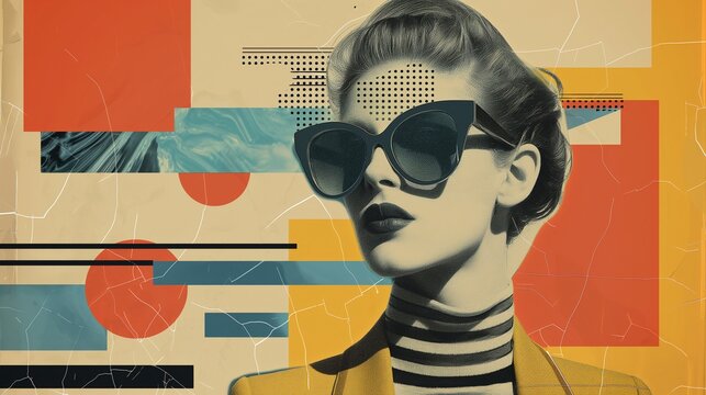 Fototapeta Retro pop art portrait of woman in sunglasses image. Female wearing sunglasses, striped turtleneck photography scene wallpaper. Eighties fashion concept photorealistic picture