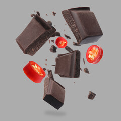 Pieces of chocolate and chili pepper in air on grey background