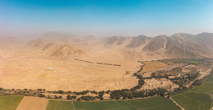 Ultra wide view the ancient archaeological site of Caral, near Supe, Barranca Province, Peru. Caral is a UNESCO world heritage site and considered to be the oldest city in the Americas.