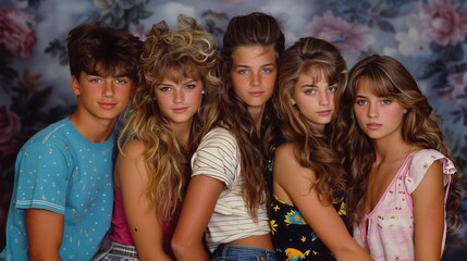 Fototapeta premium Retro group portrait of five teens in 80s style image. Voluminous hair girls boy. 1980s timeless moment picture photorealistic photography. Vintage memories concept photo realistic