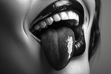 Obraz premium A woman's mouth is shown in black and white