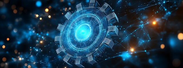 Obraz premium Digital 3d gear icon with binary code, artificial intelligence in system setting optimization, automation workflows, software customization options, and personalized user interfaces design 