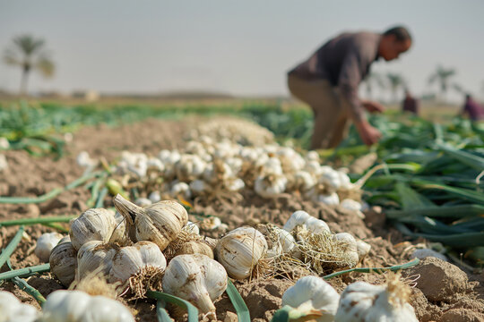 Freshly harvested garlic bulbs are drying on the ground in a garlic field with farmers working in the background
