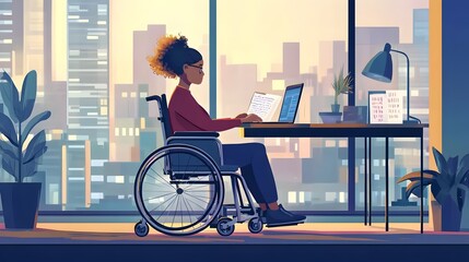 Disabled Professional Working Diligently at Desk Using Laptop and Taking Notes