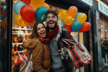 Obraz premium Happy couple laughing and holding shopping bags while entering a store decorated with balloons for a sale