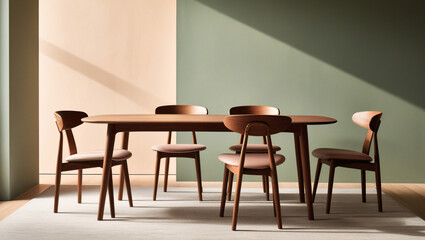 Wooden dining table and chairs against green wall. Scandinavian, mid-century home interior design of modern dining room