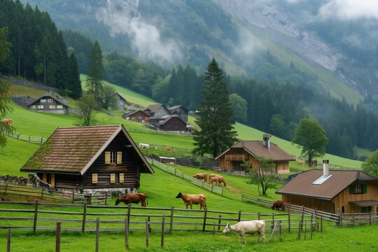 Idyllic scenery of a traditional swiss farm with cows grazing on a green pasture in the alps mountains