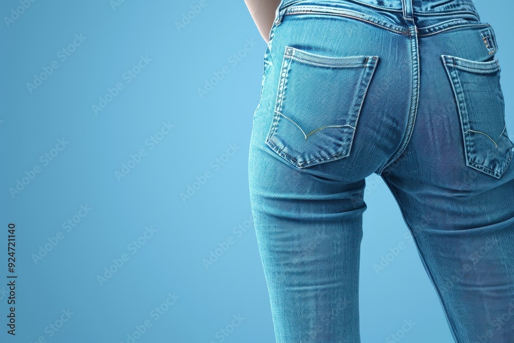 Wall mural woman is wearing blue jeans and standing in front of a blue sky