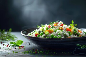 A vibrant bowl of vegetable rice garnished with herbs, showcasing a healthy meal option.
