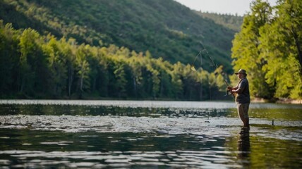 Vertical shot of a male fishing in a lake