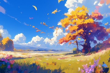 Vibrant autumn landscape painting of a colorful tree in a field with falling leaves, blue sky, and white clouds. Digital art, nature, and nature illustration.