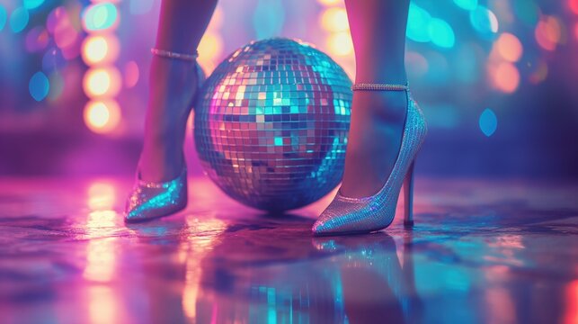 Sparkling high heels and disco ball in nightclub closeup image. Retro party highheels on glitzy dance floor close up photography. 80s bokeh festive night out concept photo realistic