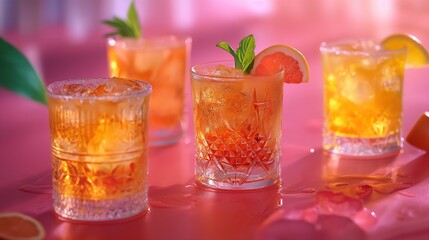 Fototapeta premium Sunset cocktail hour image. Amber-hued beverages garnished with fresh mint and citrus photography scene wallpaper. Evening drinks. Aperitif party concept photorealistic photo