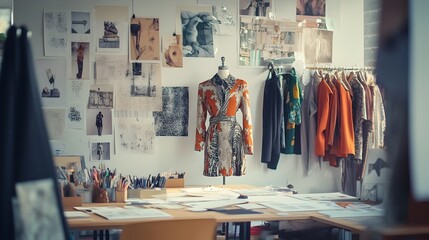 Fashion Studio with Mood Boards Fabric Swatches and Sketches of Upcoming Collections