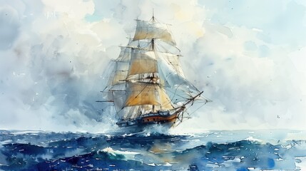 Obraz premium Ship in sea watercolor painting, landscape. Hand Drawing art