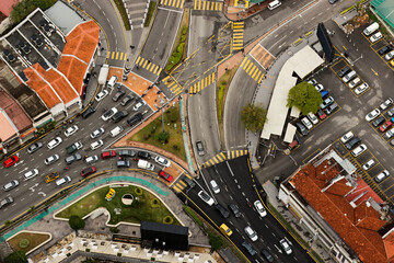 Top view of a city traffic intersection in Georgetown, Penang, Malaysia