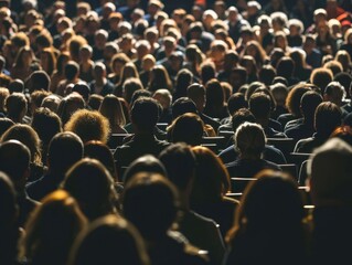 Crowd of attendees at a conference in a large auditorium during an engaging speaker session