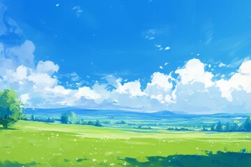Beautiful illustration of a sunny summer day with green grass, trees, white clouds and a blue sky.